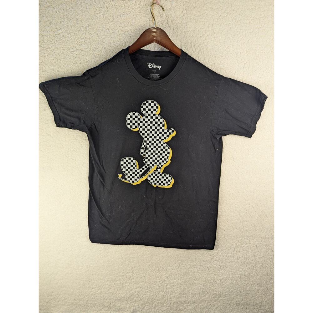 Disney Mickey Mouse Checkerboard Graphic‎ T-Shirt Black Cotton Mens Large L